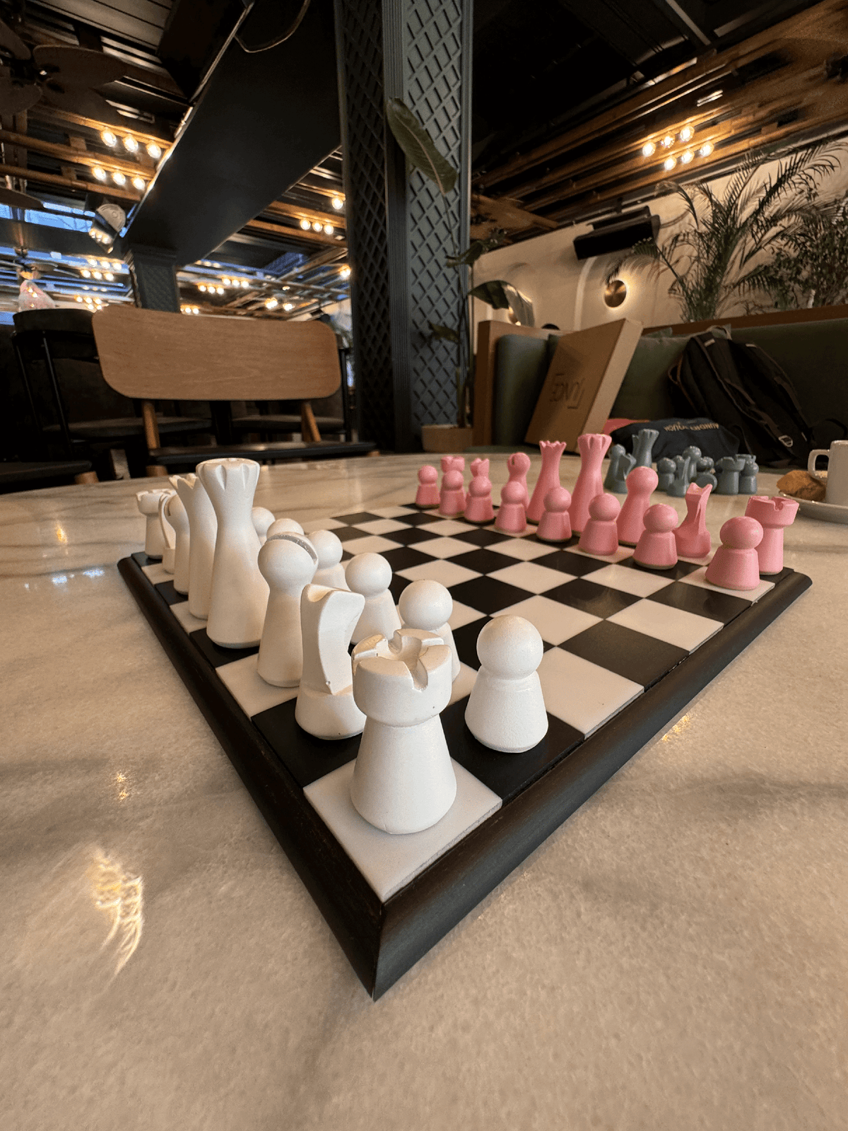 Lighthouse Chess Set, Blush Pink, pink and white chess pieces