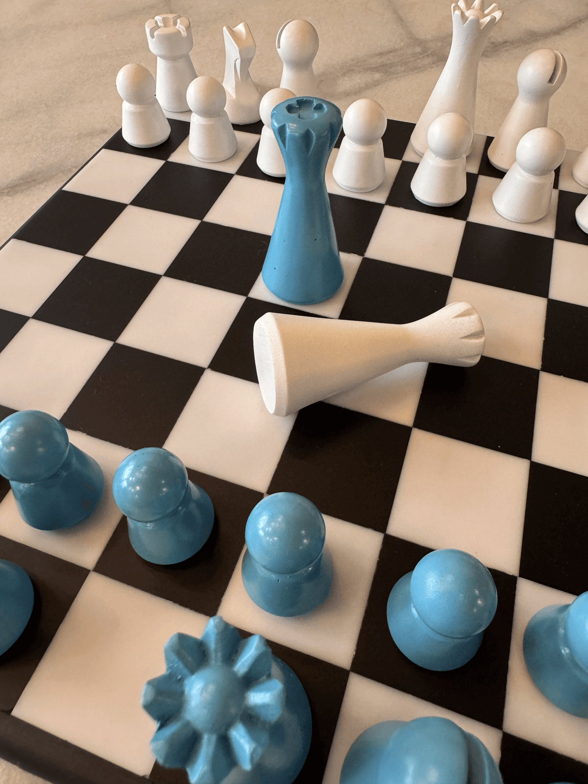 Lighthouse Chess Set, Dusty Blue, blue and white chess pieces